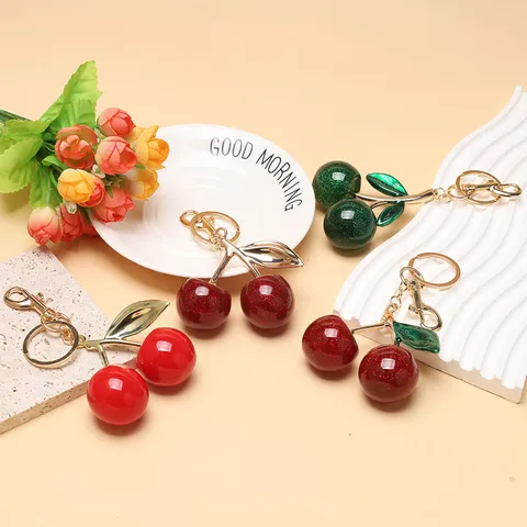 Minimalist Cute Cherry Keychain Resin Glitter Metal Fruit Bag Pendant Car Key Ring Charm For Women Girls Gift