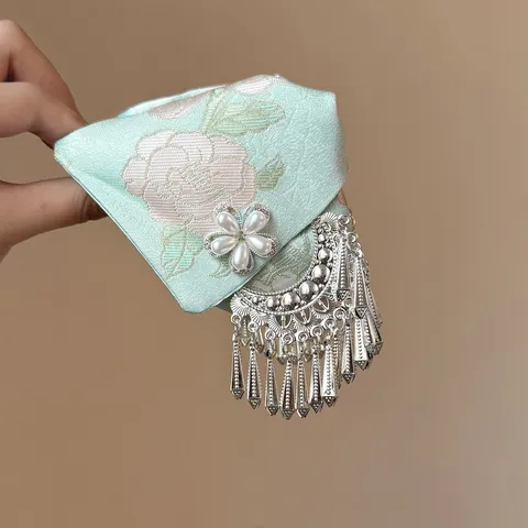 Pinza de Pelo de Estilo Chino Miao Plata con Borla Tela Jacquard Bordado Perla Artificial Grande para Mujeres