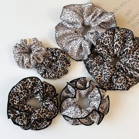 Retro Leopard Print Fabric Scrunchies For Women Korean Style Elegant Ruffled Edge Hair Ties Handmade Polka Dot Ponytail Holder Hair Accessories