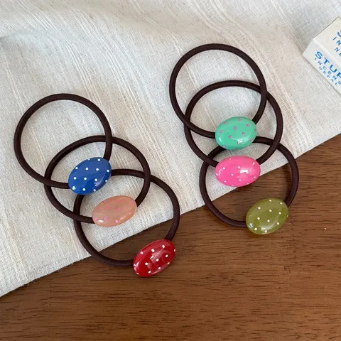 Women Sweet Polka Dot Hair Tie Handmade High Elastic Fabric Rubber Band Resin Oval Pendant Candy Color Ponytail Holder Hair Accessory