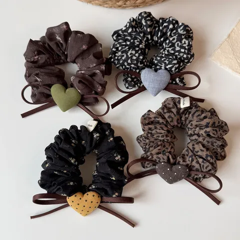 French Style Lazy Bow Knot Heart Mesh Scrunchies Women High Elastic Hair Ties Elegant Leopard Floral Ponytail Holder