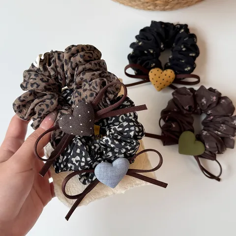 French Style Lazy Bow Knot Heart Mesh Scrunchies Women High Elastic Hair Ties Elegant Leopard Floral Ponytail Holder