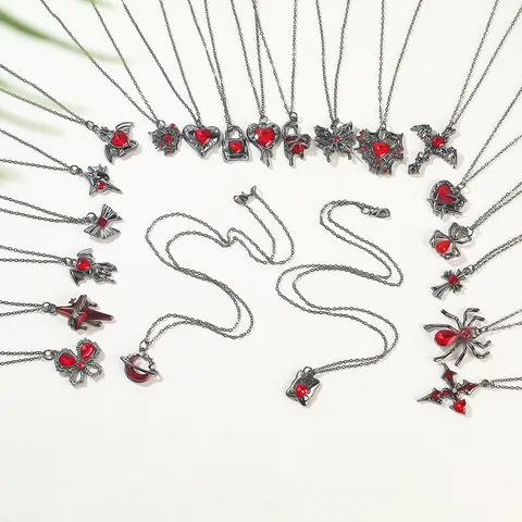 Gothic Exaggerated Red Heart Cross Necklace Halloween Black Spider Butterfly Pendant Alloy Rhinestone Jewelry