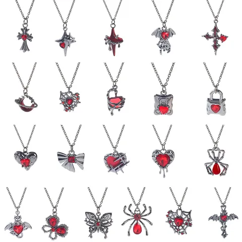 Gothic Exaggerated Red Heart Cross Necklace Halloween Black Spider Butterfly Pendant Alloy Rhinestone Jewelry