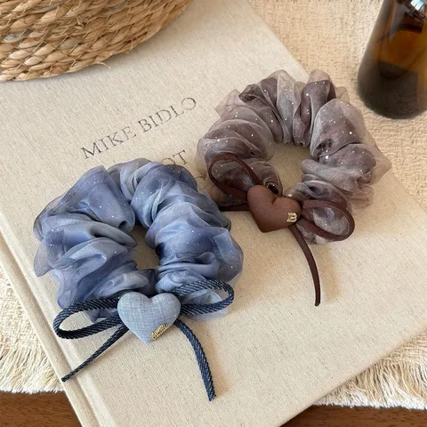 Chouchou en Maille Fluide à Double Couche avec Nœud et Cœur Élastique pour Queue de Cheval Style Coréen Accessoire Femme