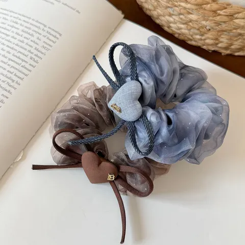 Chouchou en Maille Fluide à Double Couche avec Nœud et Cœur Élastique pour Queue de Cheval Style Coréen Accessoire Femme
