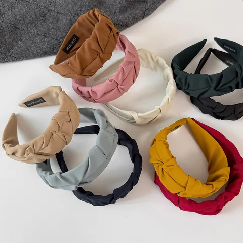 Minimalist Fabric Pleated Wide Headband Cross Knot Elastic Plain Color Hairband Handmade Headpiece Elegant Styling Hair Accessories For Women Daily Party