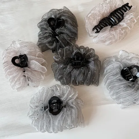 Women Rhinestone Seersucker Hair Claw Clip Mesh Silver Thread Cloud Shark Clip Elegant Volumizing Hairstyle Tool Accessory
