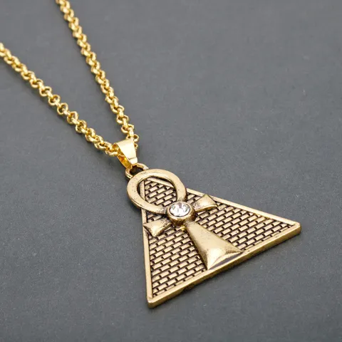 Vintage Ankh Pyramid Pendant Necklace Alloy Antique Pewter Gold Rhinestone Fashion Jewelry For Women Men