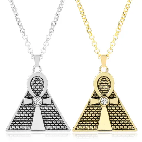 Vintage Ankh Pyramid Pendant Necklace Alloy Antique Pewter Gold Rhinestone Fashion Jewelry For Women Men