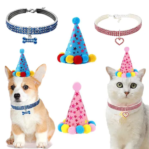 Pet Birthday Party Decoration Set Cute Star Cone Hat Rhinestone Elastic Collar With Bone Heart Pendant For Cats Dogs