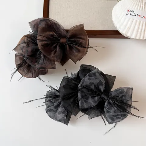 Korean Style Leopard Print Bow Hair Claw Clip Retro Mesh Feather Shark Clip Sweet Elegant Hair Accessories For Women