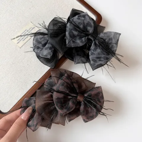 Korean Style Leopard Print Bow Hair Claw Clip Retro Mesh Feather Shark Clip Sweet Elegant Hair Accessories For Women