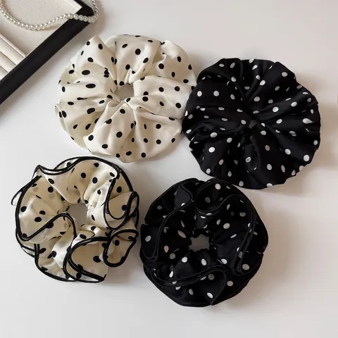Elegant Satin Polka Dot Scrunchies For Women Ruffled Handmade High Elasticity Hair Ties Ponytail Holder Hair Accessories