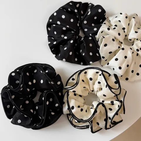 Elegant Satin Polka Dot Scrunchies For Women Ruffled Handmade High Elasticity Hair Ties Ponytail Holder Hair Accessories