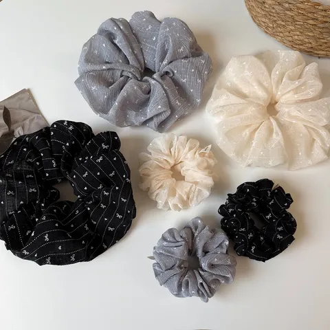Korean Style Mesh Hair Scrunchie With Bowknot Gypsophila Pattern Ruffled Handmade High Elasticity Ponytail Holder For Women Casual Accessories