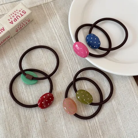 Women Sweet Polka Dot Hair Tie Handmade High Elastic Fabric Rubber Band Resin Oval Pendant Candy Color Ponytail Holder Hair Accessory