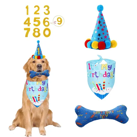 Pet Birthday Party Decoration Set Dog Bib Hat Bone Toy Digital Cute Cartoon Polyester Pet Accessories