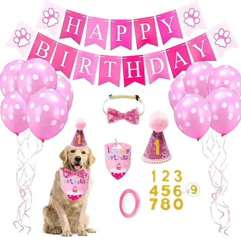 Pet Birthday Party Decoration Set Dog Triangle Bib Hat Bow Tie Letter Banner Balloons Puppy Celebration Supplies