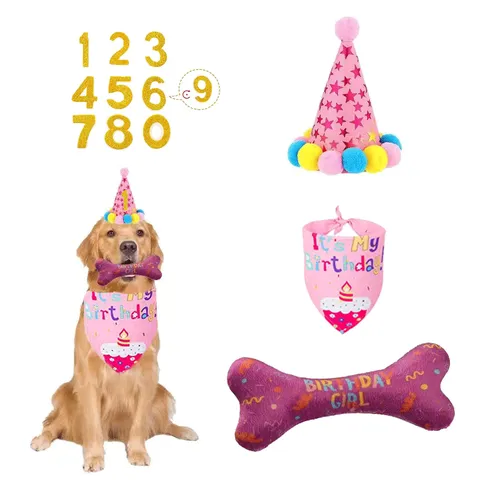 Pet Birthday Party Decoration Set Dog Bib Hat Bone Toy Digital Cute Cartoon Polyester Pet Accessories