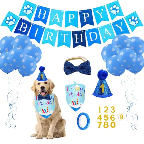 Pet Birthday Party Decoration Set Dog Triangle Bib Hat Bow Tie Letter Banner Balloons Puppy Celebration Supplies
