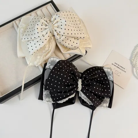French Style Mesh Lace Bow Hair Claw Black White Polka Dot Ponytail Clip Large Shark Clip Artificial Pearl Hair Accessories For Women