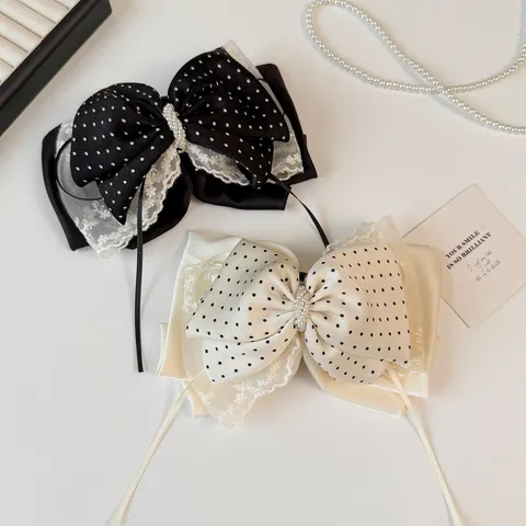 French Style Mesh Lace Bow Hair Claw Black White Polka Dot Ponytail Clip Large Shark Clip Artificial Pearl Hair Accessories For Women