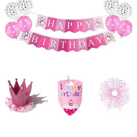 Set di Cappello Corona Bavaglino Gonna per Festa di Compleanno per Animali Domestici Rosa