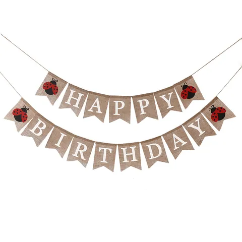 Rustic Burlap Happy Birthday Banner Swallowtail Bunting Garland With Animal And Plant Print Party Hanging Decoration