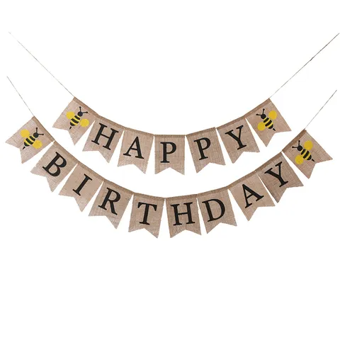 Rustic Burlap Happy Birthday Banner Swallowtail Bunting Garland With Animal And Plant Print Party Hanging Decoration