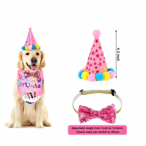 Pet Birthday Party Hat And Bow Cute Sequins Star Pattern Adjustable Elastic Band Costume Accessories For Cats Dogs