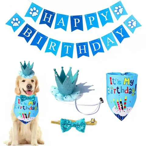Pet Birthday Party Decoration Set Crown Hat Bowtie Bib Scarf Happy Birthday Banner Dog Cat Celebration Supplies