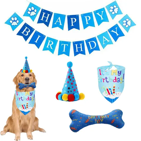 Pet Birthday Party Decoration Set Cute Dog Birthday Hat Bandana Banner Bone Toy Cotton Polyester Party Supplies