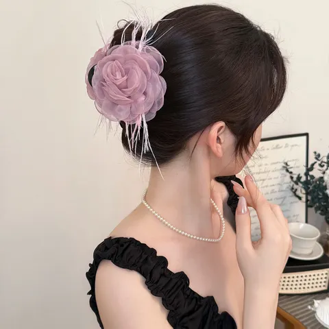 Elegant Organza Rose Flower Claw Clip with Feather Korean Sweet Mesh Hair Jaw Clip Sweet Large Hair Accessories for Women Girls