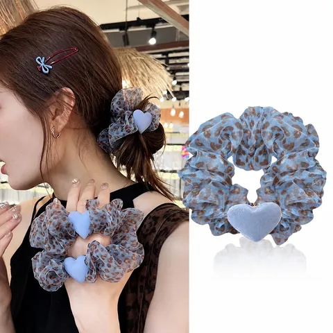Koreanischer Stil Leopardenmuster Haargummi Elegantes Netzgewebe Haargummi Mit Herzanhänger Vielseitiges Mode Haarseil Für Damen Täglich Urlaub Haarschmuck