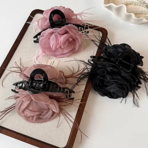 Elegant Organza Rose Flower Claw Clip with Feather Korean Sweet Mesh Hair Jaw Clip Sweet Large Hair Accessories for Women Girls