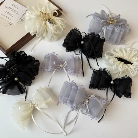 Elegant Lace Bow Mesh Hair Clip For Women With Artificial Pearl Large Ribbon Shark Claw Banana Spring Clip Sweet Hairstyle Decor