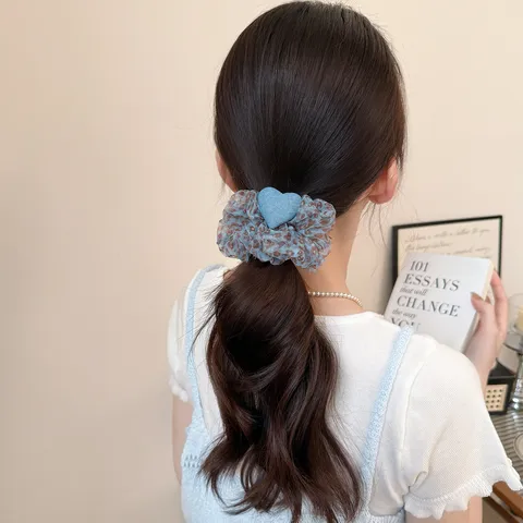 Coleteros de Malla con Estampado de Leopardo Floral a la Moda para Mujer Estilo Coreano Dulce Lazo de Pelo de Malla Elástica con Corazón y Flor