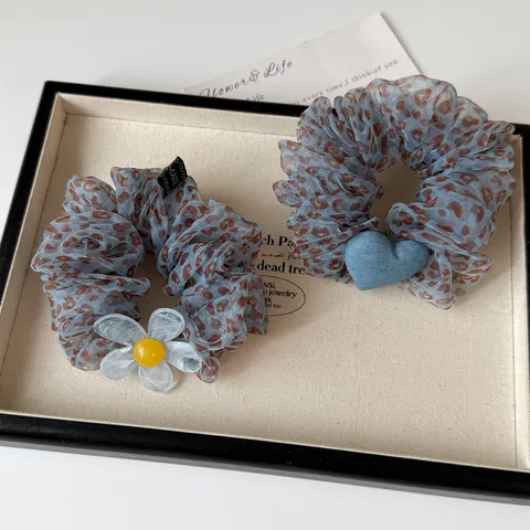 Coleteros de Malla con Estampado de Leopardo Floral a la Moda para Mujer Estilo Coreano Dulce Lazo de Pelo de Malla Elástica con Corazón y Flor