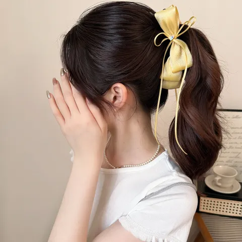 Double Ribbon Bow Banana Clip Sweet Mesh Rhinestone Hairpin Korean Style Ponytail Princess Vertical Clip Hair Accessory