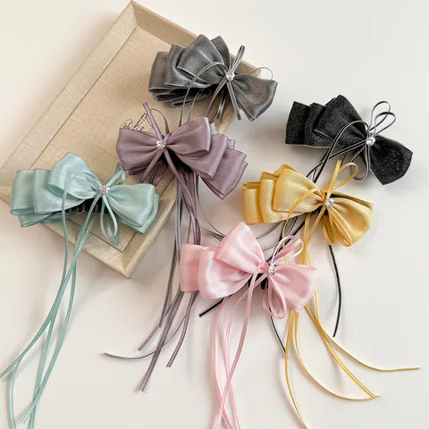 Double Ribbon Bow Banana Clip Sweet Mesh Rhinestone Hairpin Korean Style Ponytail Princess Vertical Clip Hair Accessory