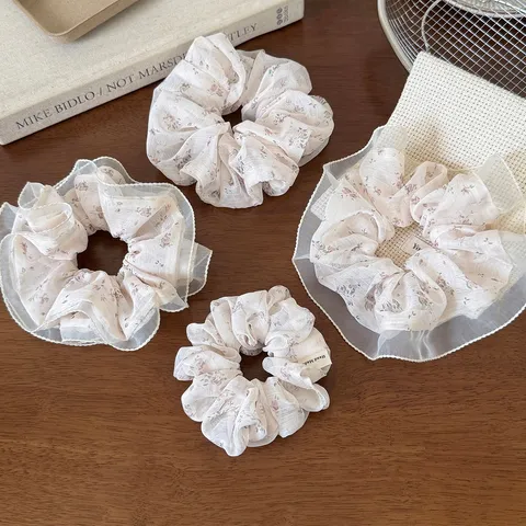 Korean Style Gentle Floral Lace Scrunchies Mesh Pleated Hair Ring For Women Sweet Girly Ponytail Holder Hair Accessories