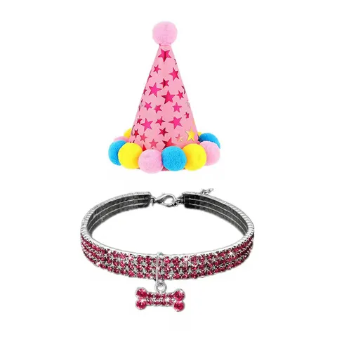 Pet Birthday Party Decoration Set Cute Star Cone Hat Rhinestone Elastic Collar With Bone Heart Pendant For Cats Dogs
