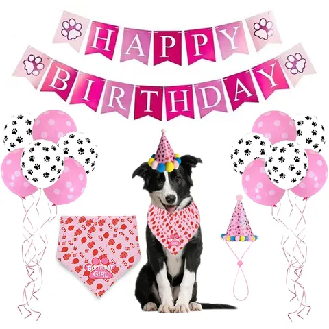 Pet Birthday Party Decoration Set Cute Dog Cat Birthday Hat Bandana Banner Balloons Pet Party Supplies