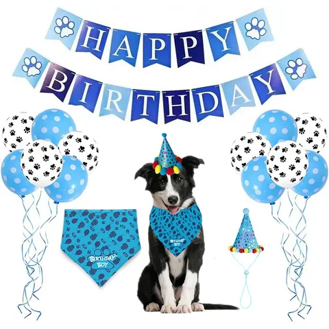 Pet Birthday Party Decoration Set Cute Dog Cat Birthday Hat Bandana Banner Balloons Pet Party Supplies
