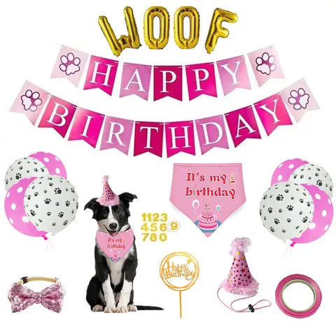 Pet Birthday Party Decoration Set Dog Cat Bandana Birthday Hat Bow Tie Banner Balloons Pet Party Supplies