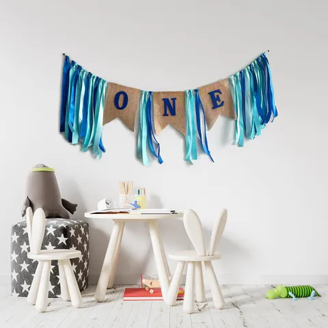 Baby Boy First Birthday Party Decoration Set Banner Crown Hat Cake Topper Blue Glitter Kids Celebration Event Supplies