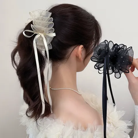 Pince Banane Nœud en Mesh Doux Élégant Ruban Long Épingle à Cheveux Strass Double Face Organza Bulle Queue de Cheval Femme