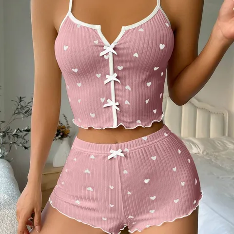 Set Pigiama Cami da Donna Stampa Cuore Bordo a Contrasto Scollo a V Top Senza Maniche e Shorts Pigiama Carino
