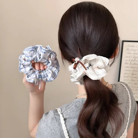 Scrunchies Korean Fresh Striped Bear Print Fabric Hair Ring With Artificial Pearl Ribbon Sweet Hair Accessories For Women